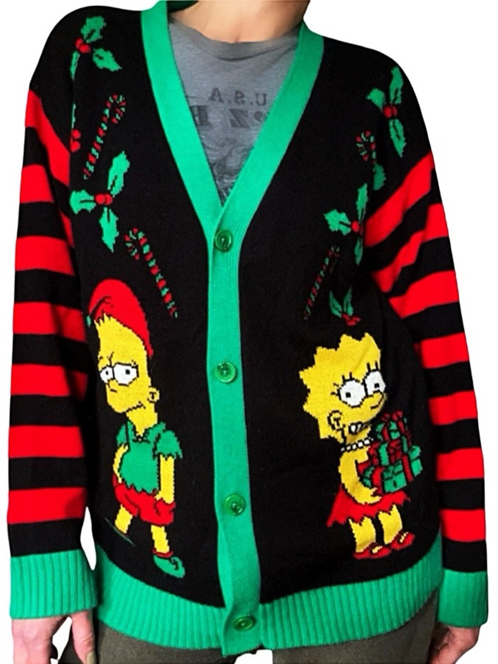 The Simpsons Bart & Lisa Black Christmas Cardigan Size Large